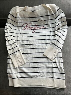 NWT Talbots Ivory Black Striped "Bonjour" Boatneck Sweater - Size XS